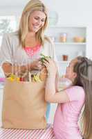 Woman giving green pepper to daughter from grocery bag