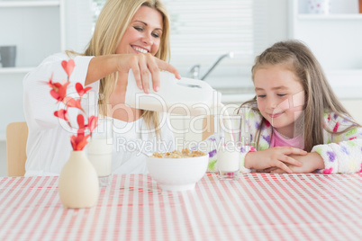 Woman pouring milk into a glass for daughter