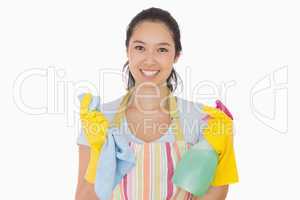 Woman holding cloth and spray bottle