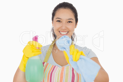 Smiling woman wiping in front of her