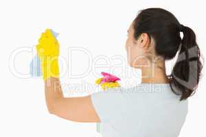 Woman cleaning white walls