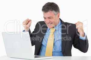Very happy man sitting at his desk with laptop