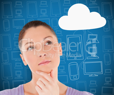 Woman thinking about cloud computing