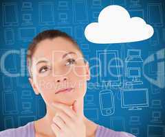 Woman thinking about cloud computing