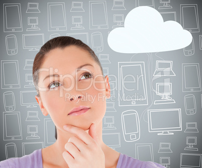 Woman with hand on chin thinking about cloud computing