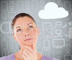 Woman with hand on chin thinking about cloud computing