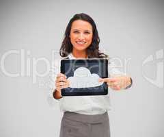 Businesswoman holding a tablet computer with cloud symbol