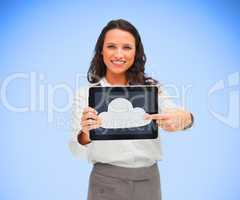 Businesswoman pointing to cloud computing symbol on tablet pc