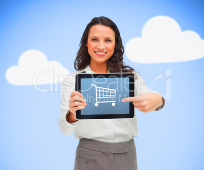 Businesswoman holding a tablet computer showing shopping app sym