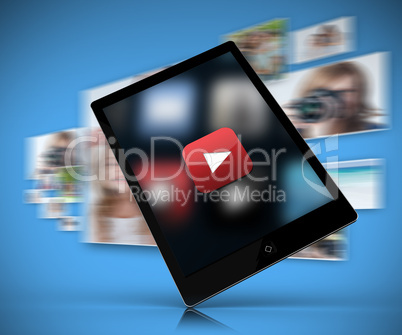 Tablet pc showing play button against blue background