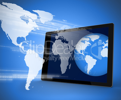 Tablet pc projecting globe on screen out