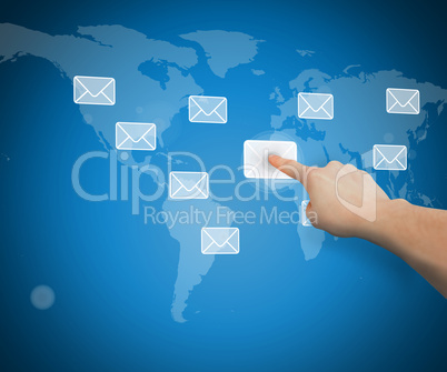 Hand selecting email from world map interface