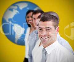 Businesspeople standing and smiling against yellow background