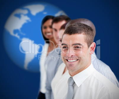 Businesspeople standing smiling against blue background