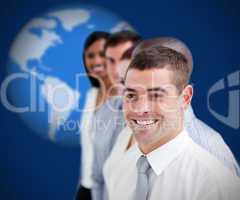 Businesspeople standing smiling against blue background