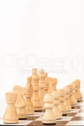 White chess pieces standing at the chessboard