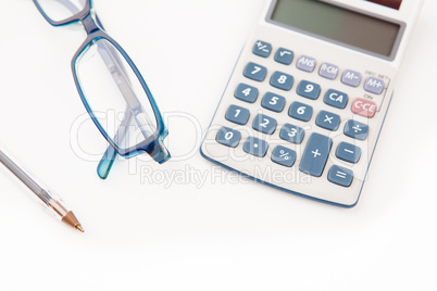 Pen calculator and glasses