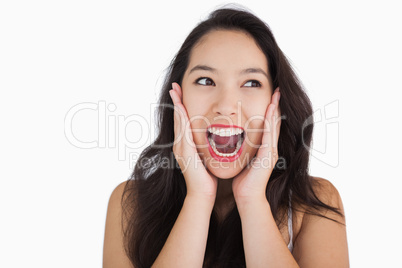 Smiling woman yelling Smiling woman yelling