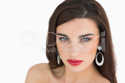 Woman with brown hair and red lips