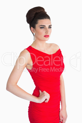 Woman posing in red dress