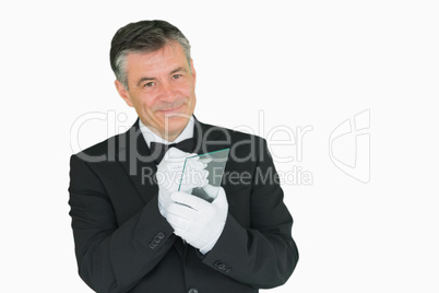 Waiter writing on virtual screen