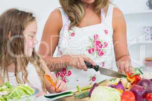 Mother cutting vegetables