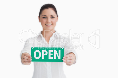 Waitress with open sign