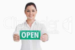 Waitress with open sign