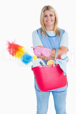 Maid holding a pink bucket