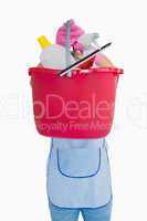 Maid showing a pink bucket