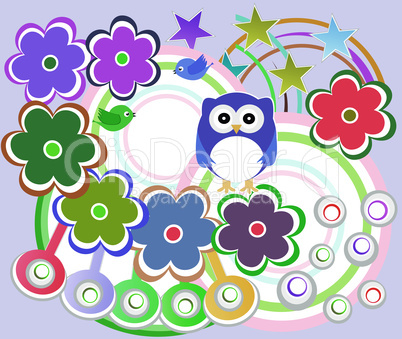 holiday card with cute owl and flowers - vector