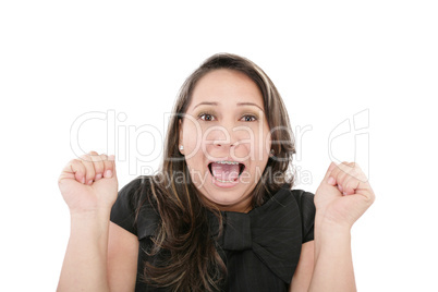 beautiful young woman looking scared on white background