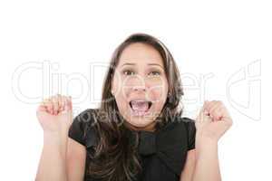 beautiful young woman looking scared on white background