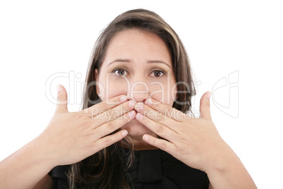 Beautiful young woman covering the face with her hands, isolated