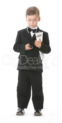 Boy holding a cellphone and newspaper