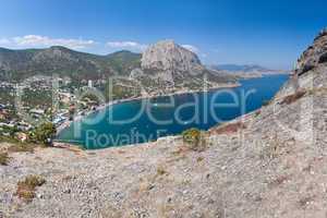 Summer view seacoast. Sudak beach. Black Sea, Ukraine