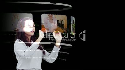 Woman looking through interactive media library