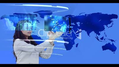 Woman searching through interactive media library on world map background
