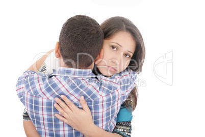 Young sad mother and its son isolated on white.