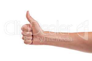 Male hand showing thumbs up sign isolated on white