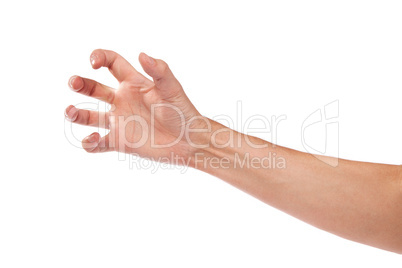 Male hand reaching for something on white