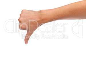 Thumb down male hand sign isolated on white