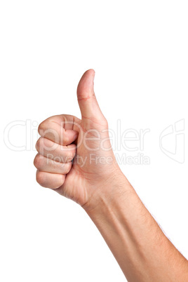 Male hand showing thumbs up sign isolated on white