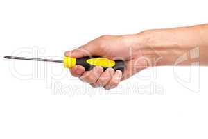 Hand holding a yellow and black screwdriver