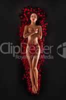 Beautiful woman against petals of red roses on black