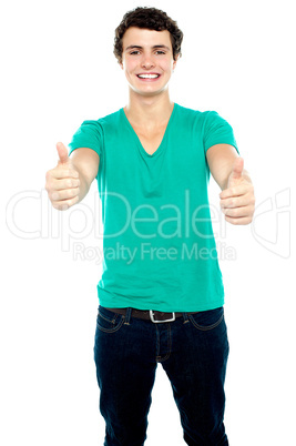 Guy showing thumbs up, arms stretched out