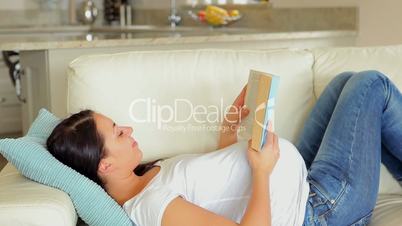Pregnant woman reading a book on the sofa