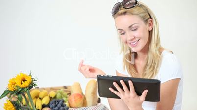 Woman using her tablet at a picnic