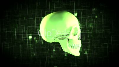 Revolving green skull on moving background