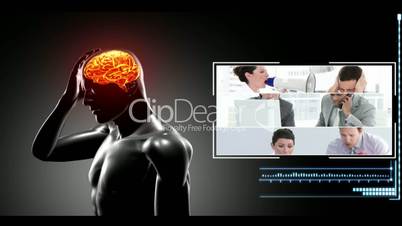 Human figure getting headache with clips of various reasons appearing